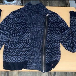 Navy blue and light blue zip up sweater, women's size xs, knit sweater